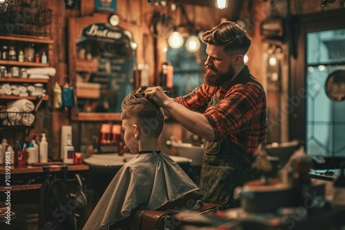 A barber is combing the hair of a boy customer at a barber shop. Haircut men Barbershop. Men s Hairdressers