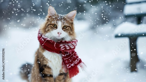 Whiskers in Winter, A Cozy Feline Ambassador Dons a Snowy Scarf to Brave the Frosty Wonderland
