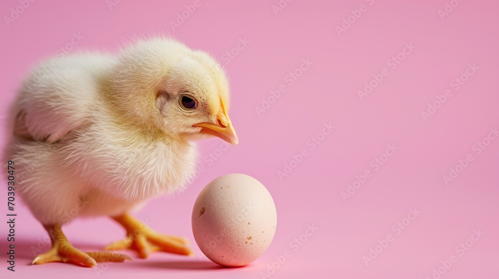 Eggceptional Encounter, A Charming Fluffball Gazing at an Incubating Mystery on a Delicate Pink Canvas