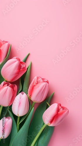 Pink tulips on the pink background. Valentines background. Vertical