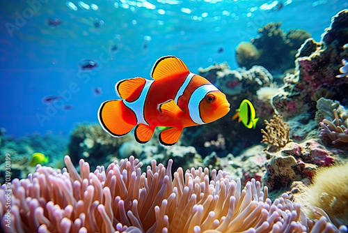 Clown fish swimming on anemone underwater reef background, Colorful Coral reef landscape in the deep of ocean. Marine life concept, Underwater world scene.