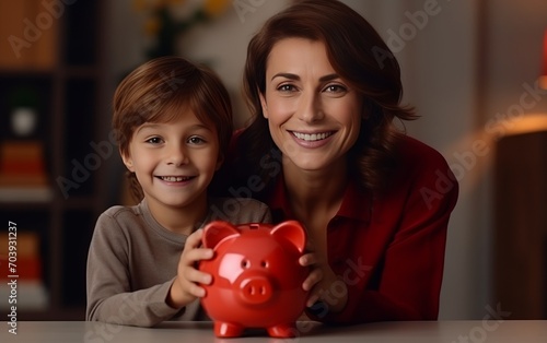 A mother patiently teaches her children the value of saving by helping them put money into a piggy bank. About financial responsibility Cultivating financial awareness and discipline from an early age