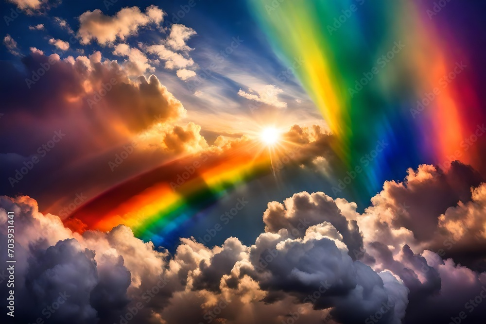 A vivid rainbow arching over a canvas of bright, fluffy clouds, forming a spectacular natural masterpiece.