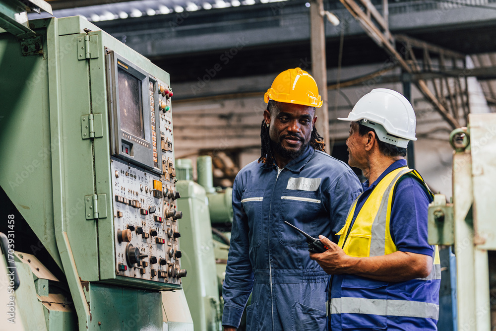 Industrial worker indoors in old factory. Industrial man Engineers in Hard Hats.Work at the Heavy Industry Manufacturing Factory. Industrial worker indoors in old factory. Industrial man Engineers in Hard Hats.Work at the Heavy Industry Manufacturing Factory.