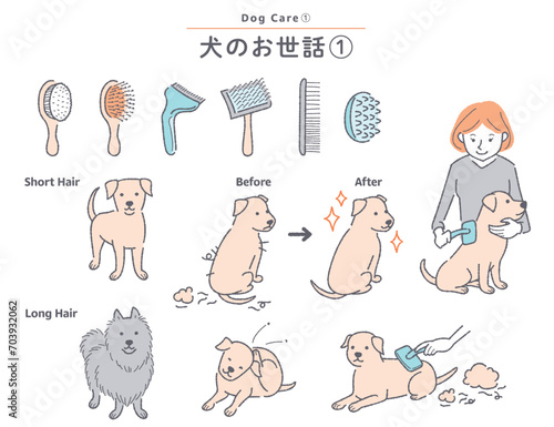 犬のブラッシングに関するイラストセット
