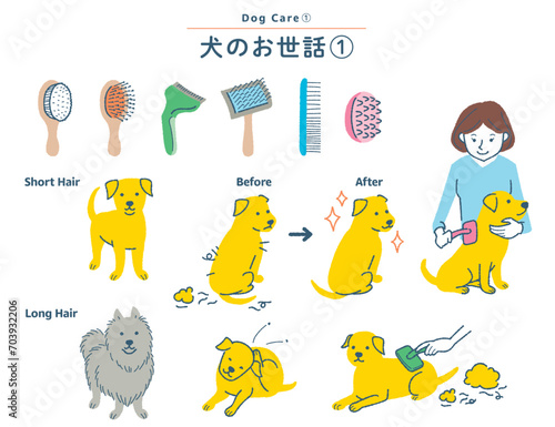 犬のブラッシングに関するイラストセット