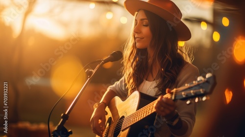 Woman in country clothes with guitar. Blurred background with music festival photo