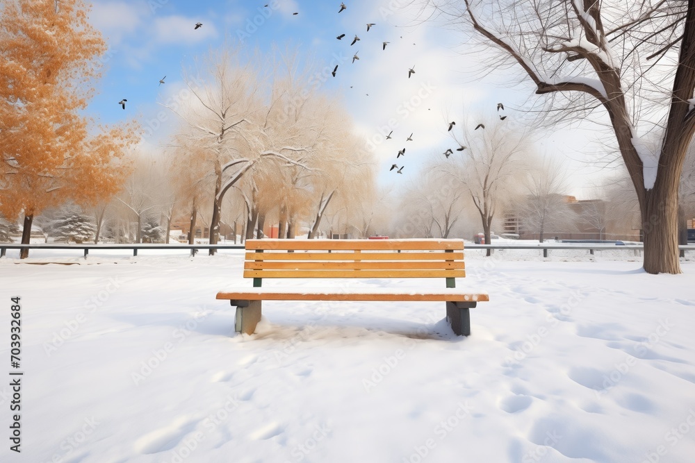 bench with snow, footprints and bird tracks mixed