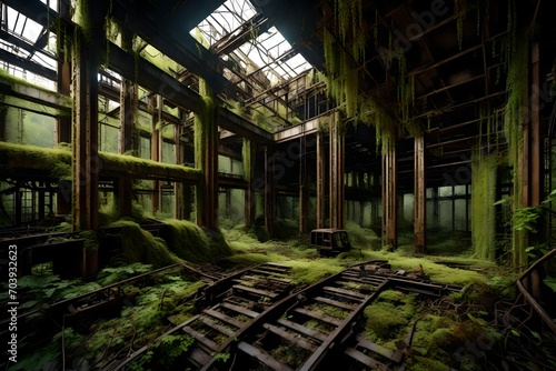 An abandoned industrial complex reclaimed by nature, with rusty machinery overgrown by vines and moss, creating a hauntingly beautiful scene of decay and renewal.