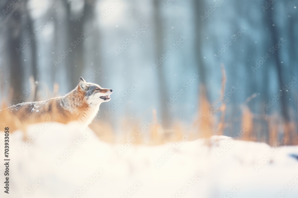 howling wolf in a snowy expanse, blurred forest edge howling wolf in a snowy expanse, blurred forest edge
