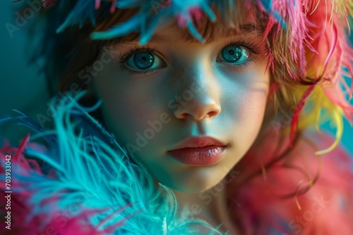 Young Girl with Vivid Feather Boa. Portrait of a girl with blue eyes, adorned with colourful feathers.