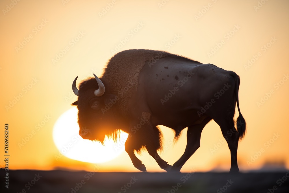 lone buffalo silhouette against a setting sun