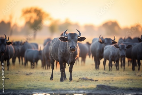 buffalo herd with setting sun backdrop © studioworkstock