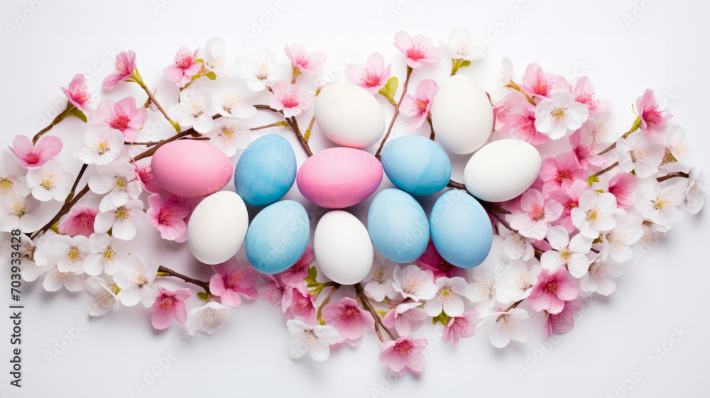 Beautiful serene composition of spring Easter spirit. Pastel-colored Easter eggs in pink, blue and white with blooming cherry blossoms on white background. Freshness of Springtime