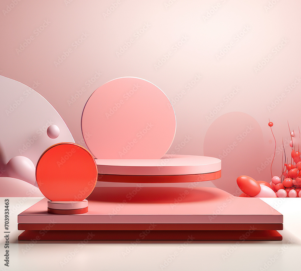 3d render of abstract minimal geometric forms. Glossy red podium for your design. Fashion show stage. 3d render of abstract minimal geometric forms. Glossy red podium for your design. Fashion show stage.
