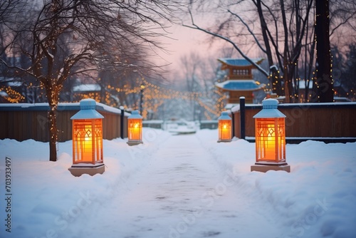 two lit lanterns illuminating a snowy path at dusk