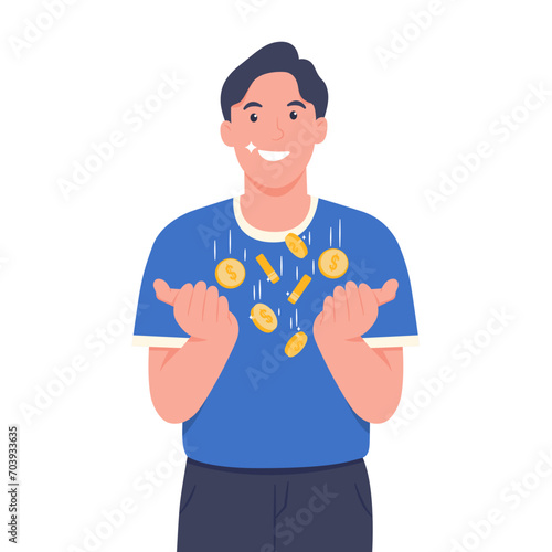 Happy businessman with money success. Earn passive income. Man receives dividends from investment. Flat vector design