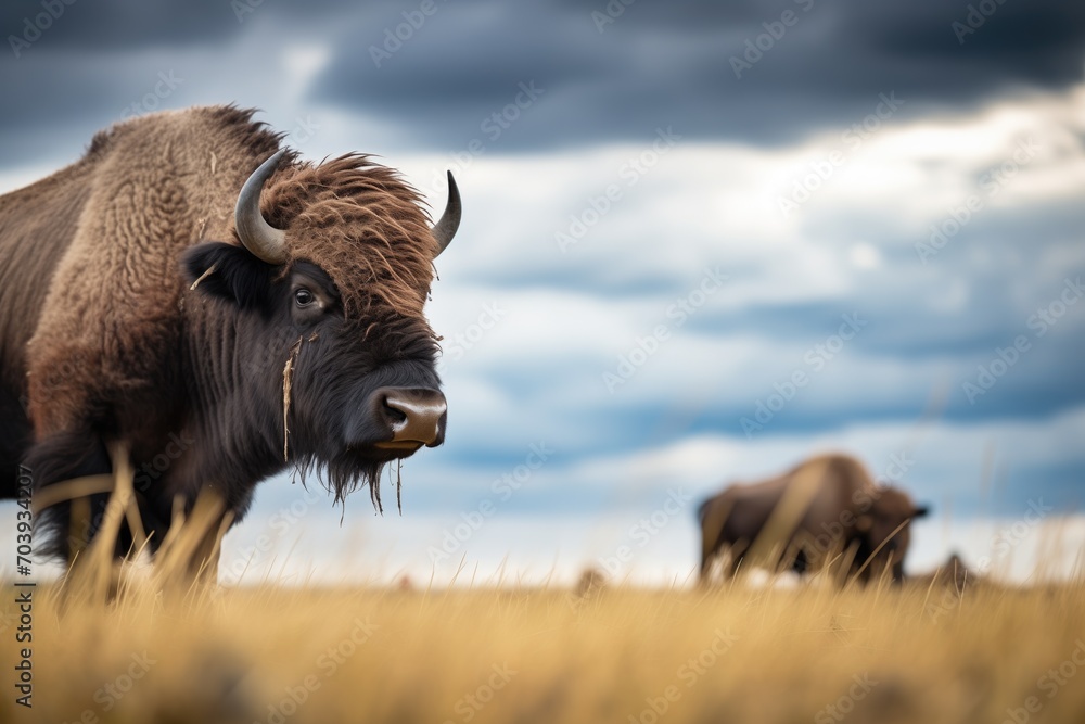 bison in the foreground with storm clouds above prairie