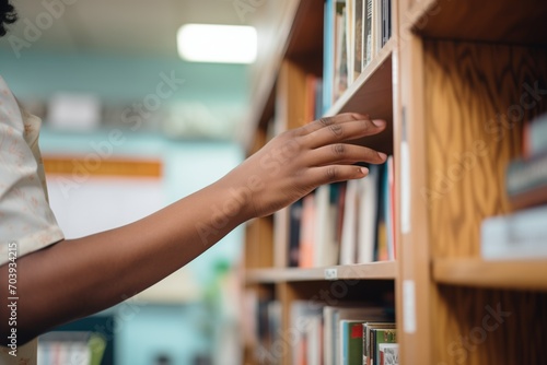 hand pulling a book from a shelf in a library-style store
