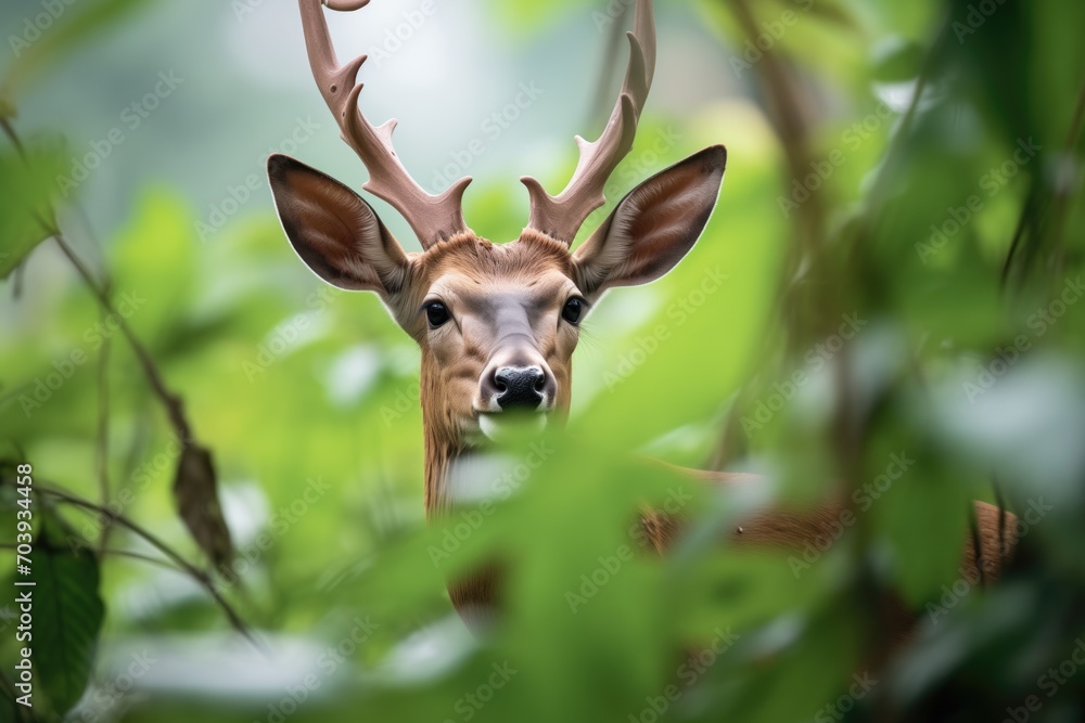 close-up of a bushbuck browsing in lush foliage close-up of a bushbuck browsing in lush foliage