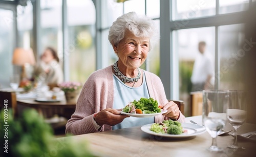 mid age beautiful elderly senior model woman visiting restaurant, Joyful senior male enjoying healthy lunch, showcasing a lifestyle of well-being and contentment. people lifestyle concept