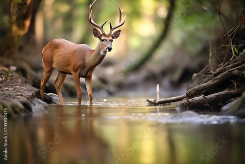 bushbuck drinking from a serene forest stream