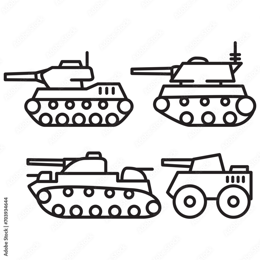 Military vehicle with gun. Armored vehicle.Weapons for modern warfare.Tank outline simple icon.Outline vector illustration.Isolated on white background.Armored personnel carrier.