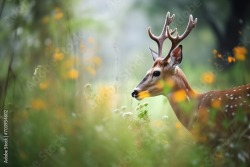 bushbuck nuzzling in a wildflower patch in forest