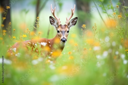 bushbuck nuzzling in a wildflower patch in forest