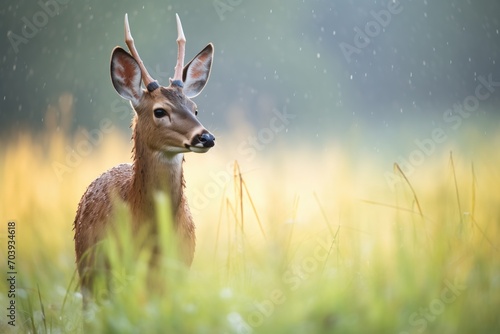 dew-covered bushbuck in the early morning light photo