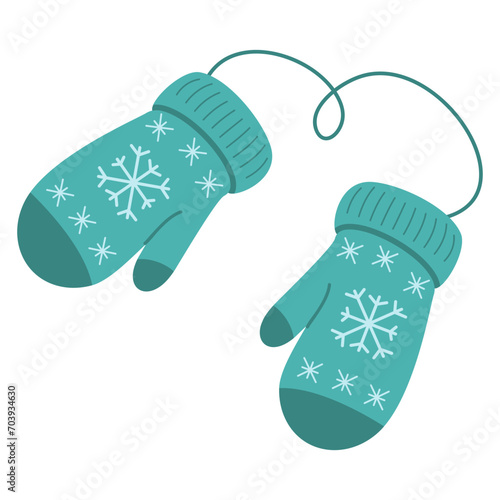 Blue knitted mittens.Warm knitted mittens.Cute blue gloves with snowflake patterns a for the winter season.Pair of woolen knitted glovesVector illustration.Warm accessories for cold weather.