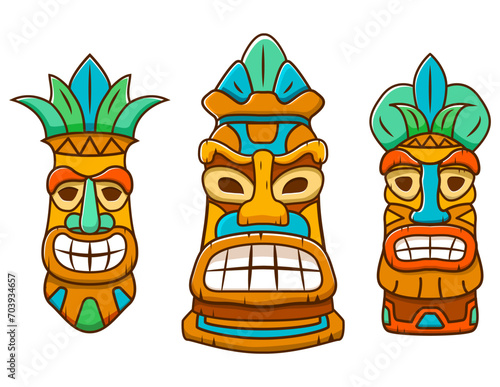Set hawaiian tiki god masks.Hand drawn tiki outline.Thin line art polynesian symbol.Tribal mask icons.Ethnic masks. Scary ritual mask.Isolated on white background.Line art vector illustration.