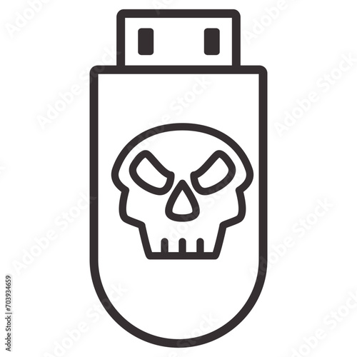 Computer virus on flash drive.Danger of infection.Computer infection.Malware on usb drive icon.USB flash drive infected malware.Outline vector illustration.Isolated on white background.