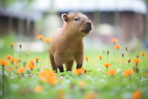 capybara young frolicking near flowers photo