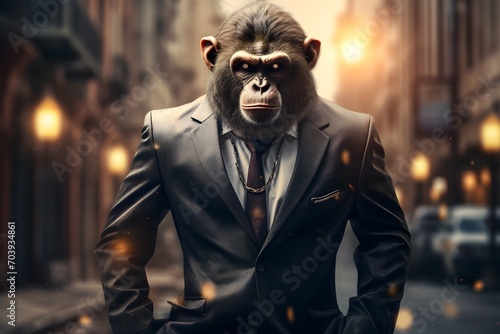 business monkey in suit on city street   Generative AI