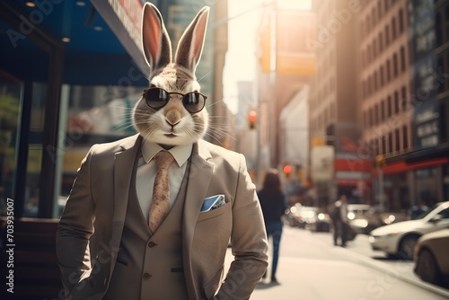 business rabbit in suit on city street , Generative AI