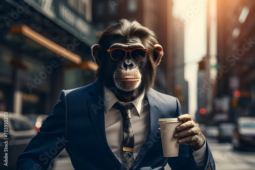 business monkey in suit on city street , Generative AI