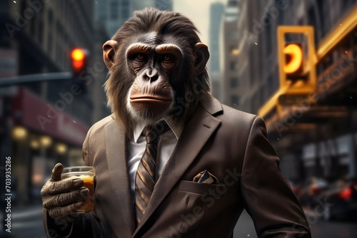business monkey in suit on city street , Generative AI © dobok