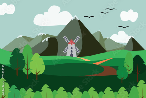 Vector landscape. A mountain range covered with snow and a forest at the foot of the mountains.