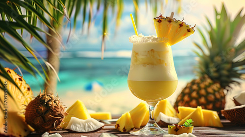 Pina Kolada cocktail with coconut milk and pineapple juice, decorated with an umbrella against the photo