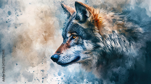 Portrait of a watercolor predatory wolf with sharp features and fur, like a gray forest spirit