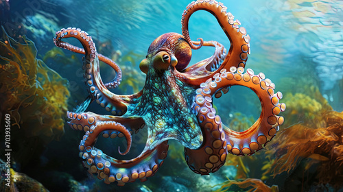 The octopus, like a living rainbow, soars over the bottom of the ocean, reviving the underwater wo