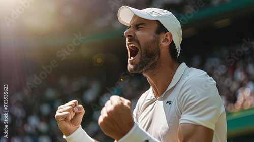 The tennis player in the bright moment of joy after a successful draw, expressing the emotions of photo