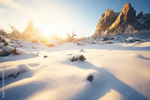 untouched snowfield bathed in golden light photo