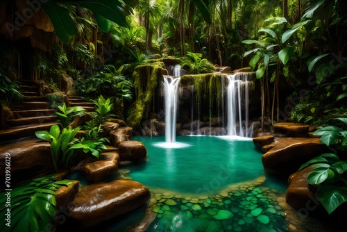 A lush, tropical paradise with waterfalls cascading into a pristine emerald pool surrounded by vibrant flora.