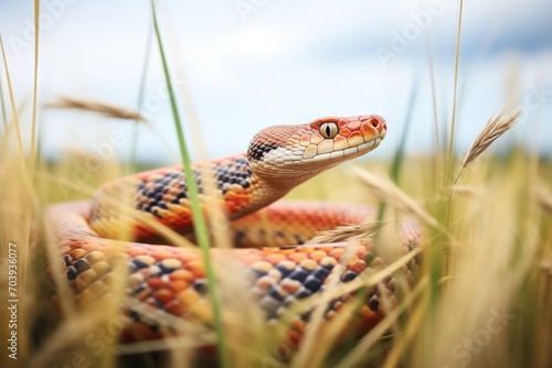 corn snake winding through a field of high grass