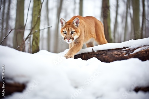 stealthy cougar in snowy forest, approaching deer