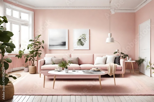 A bright and airy living room with a white frame on a soft pink wall, showcasing a clean and elegant interior with simple furniture. © Usama