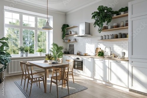 Interior of a Scandinavian style kitchen with dining table. 