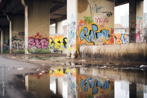 cracked concrete and graffiti tags beneath a city bridge